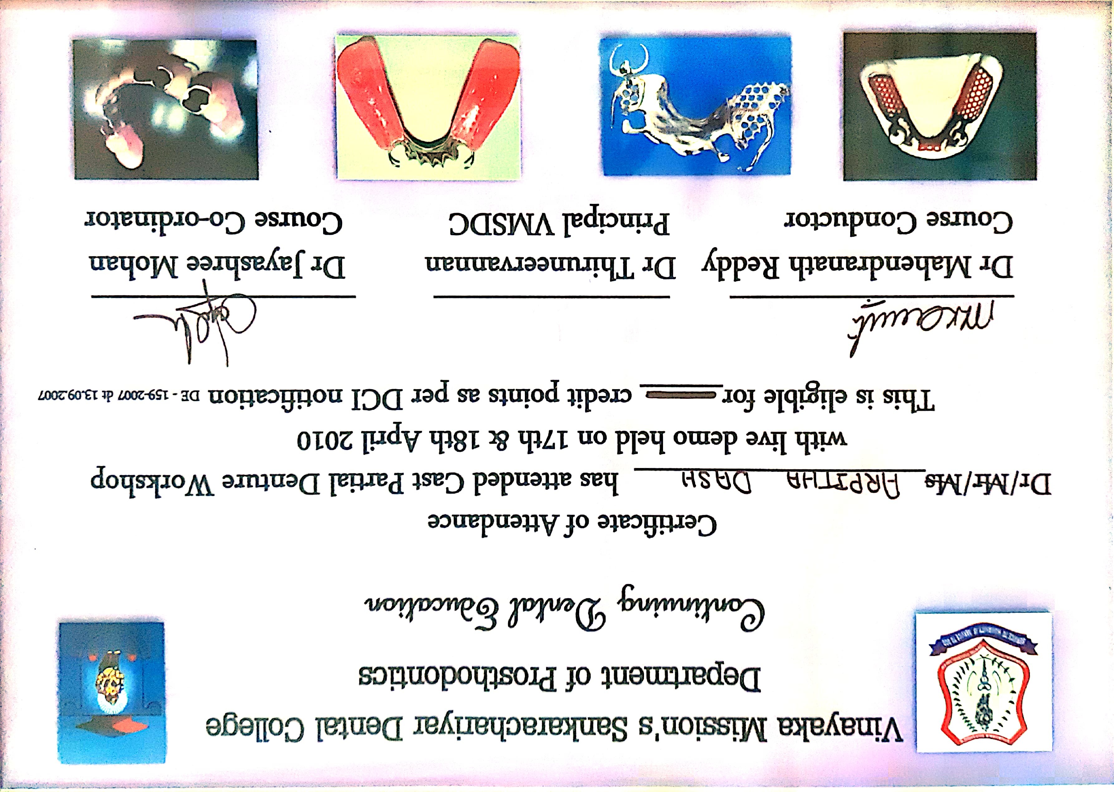 Workshop on Cast Partial Denture certificate - Dr. Arpita Dash